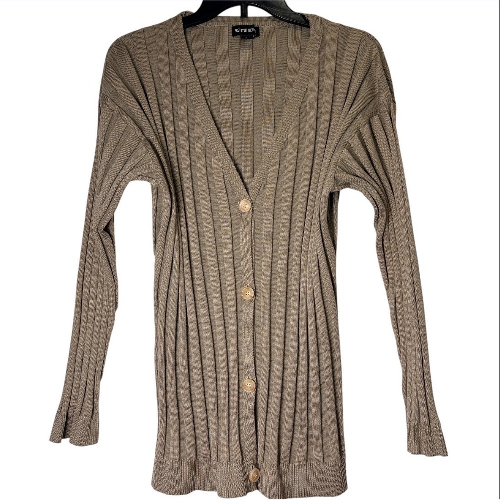 PrettyLittleThing Cardigan Women Small Taupe Ribbed V-Neck Button Front Sweater